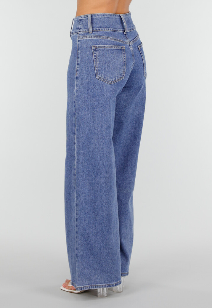 Blauwe Wide Leg Jeans met Siernaden en Drie Knopen