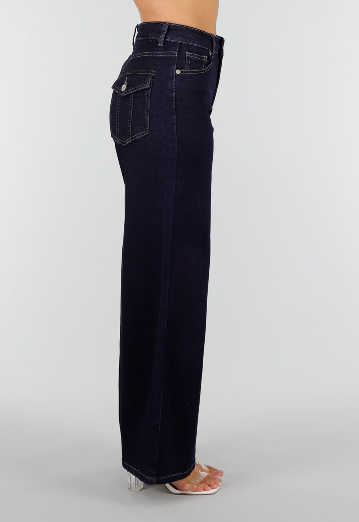 Donkerblauwe Wide Leg Jeans met Contrasterende Stiksels en Zakken