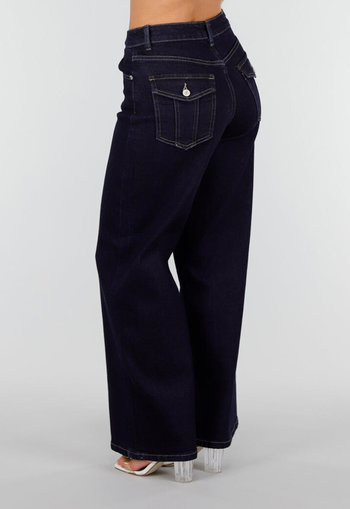 Donkerblauwe Wide Leg Jeans met Contrasterende Stiksels en Zakken