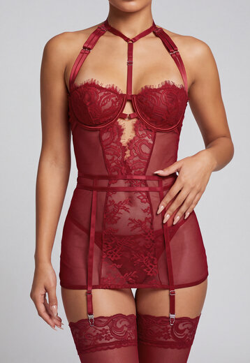 NEW160926 Rode Mesh Lingerie Set met Kant