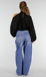 Zwarte Cold Shoulder Crop Top met Col en Lange Ballonmouwen