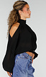 Zwarte Cold Shoulder Crop Top met Col en Lange Ballonmouwen