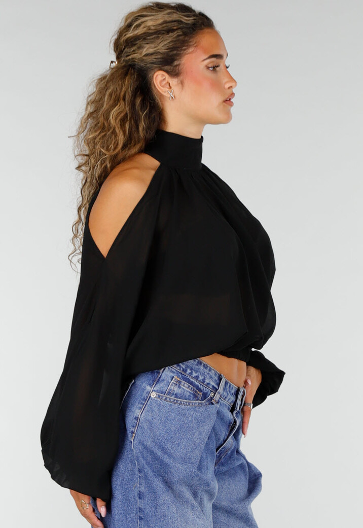 Zwarte Cold Shoulder Crop Top met Col en Lange Ballonmouwen