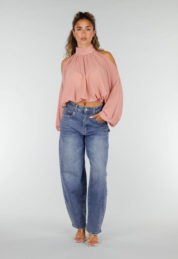 Roze Cold Shoulder Crop Top met Col en Lange Ballonmouwen
