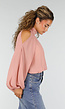 Roze Cold Shoulder Crop Top met Col en Lange Ballonmouwen