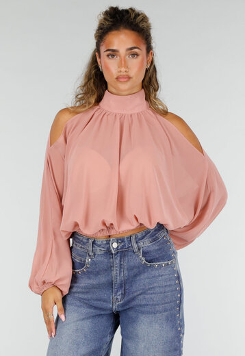NEW160926 Roze Cold Shoulder Crop Top met Col