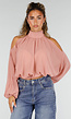 Roze Cold Shoulder Crop Top met Col en Lange Ballonmouwen