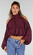Plum  Cold Shoulder Crop Top met Col en Lange Ballonmouwen