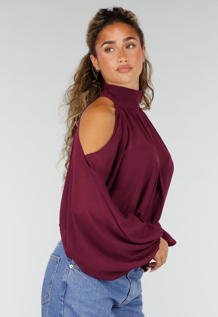 Plum  Cold Shoulder Crop Top met Col en Lange Ballonmouwen