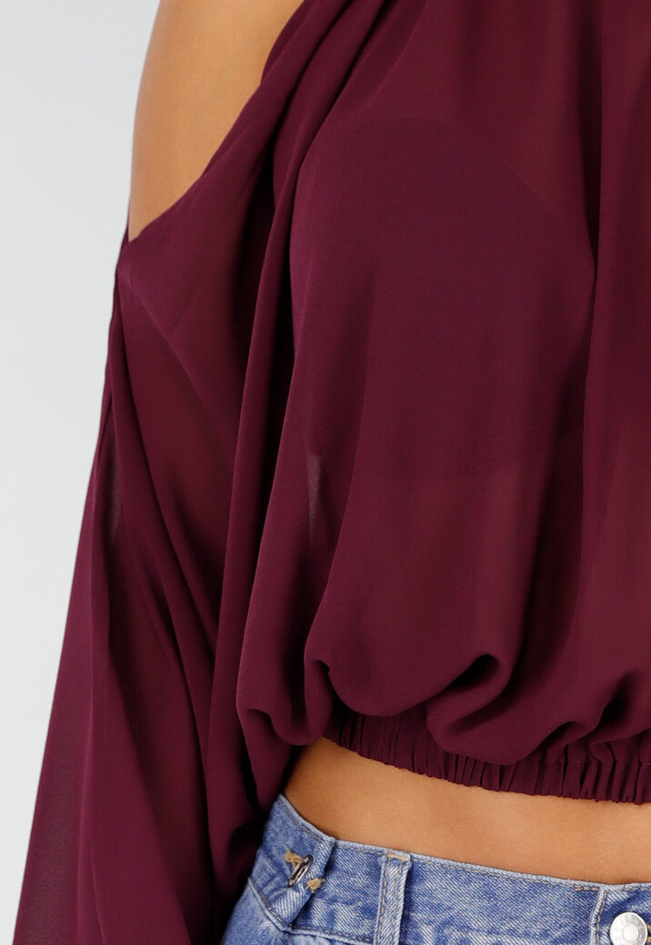 Plum  Cold Shoulder Crop Top met Col en Lange Ballonmouwen