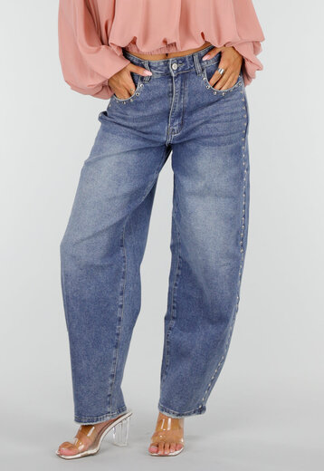 Blauwe Barrel Jeans met Stud Details