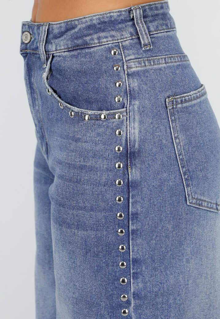 Blauwe Barrel Jeans met Stud Details Langs de Broekspijpen