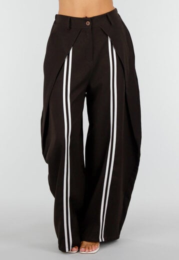 NEW160926 Bruine Wijde Pantalon met Witte Strepen