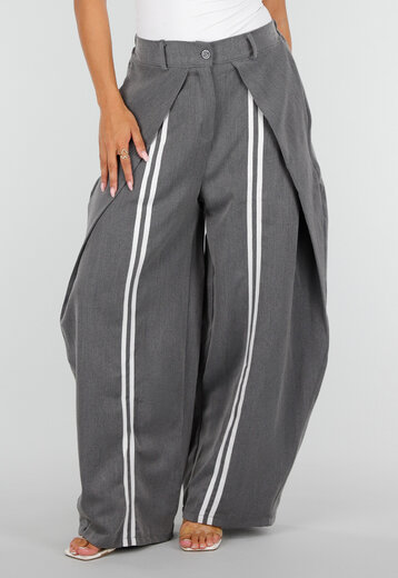NEW160926 Grijze Wide Leg Pantalon met Witte Strepen