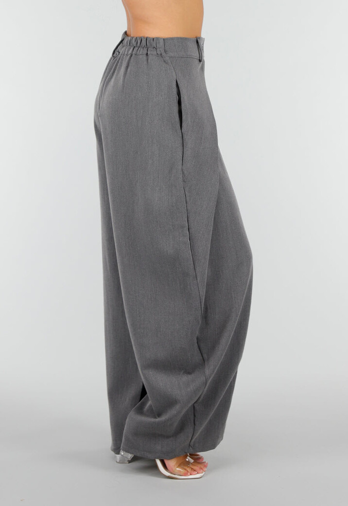 Grijze Wide Leg Pantalon met Witte Strepen en Plooidetail