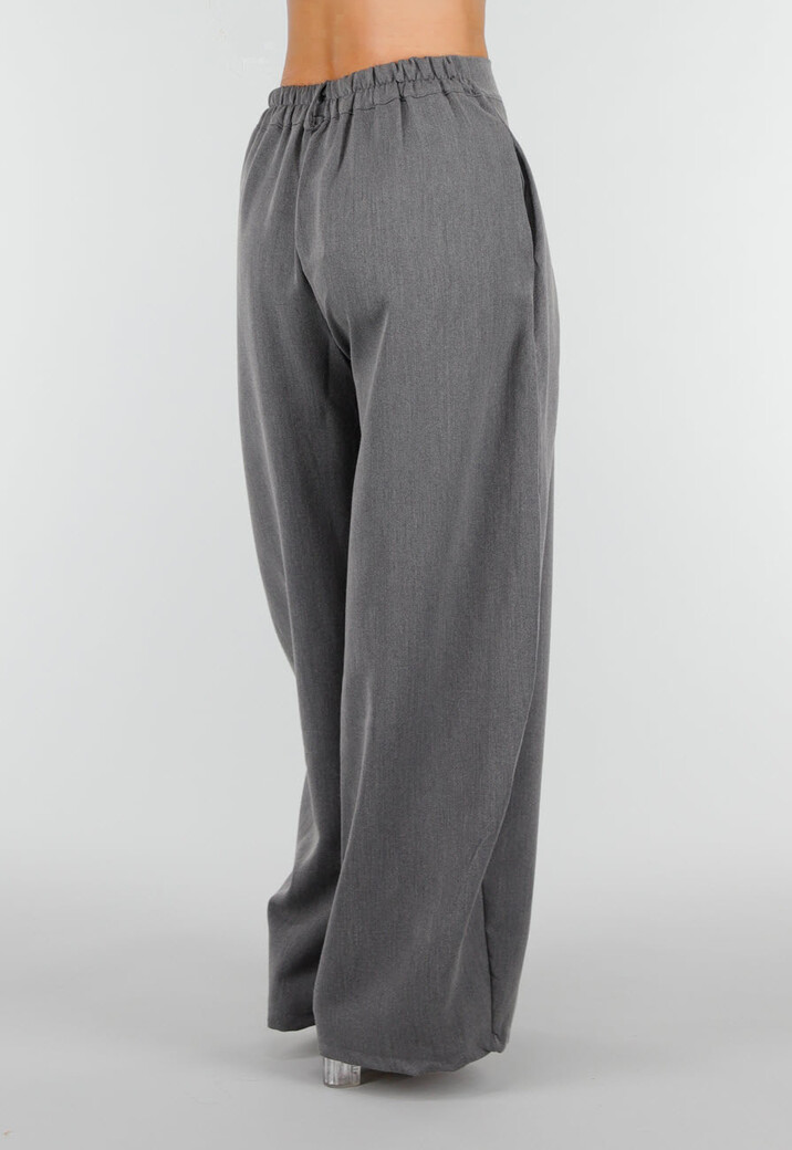 Grijze Wide Leg Pantalon met Witte Strepen en Plooidetail
