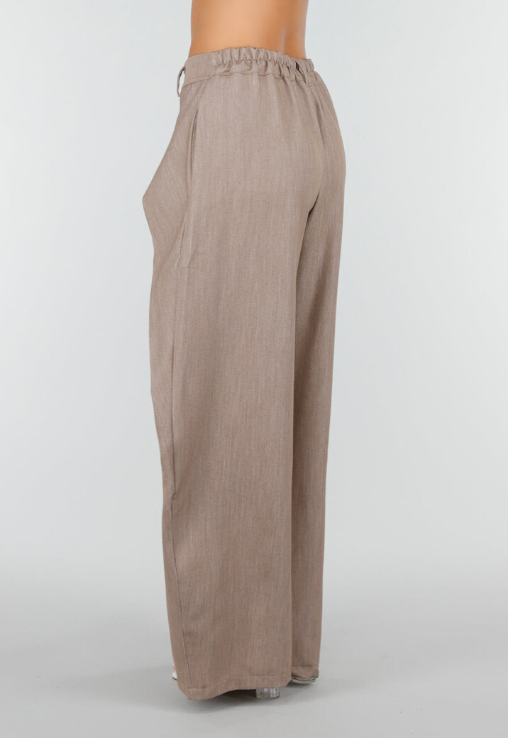 Taupe Wijde Pantalon met Witte Strepen en Overslag aan Voorzijde