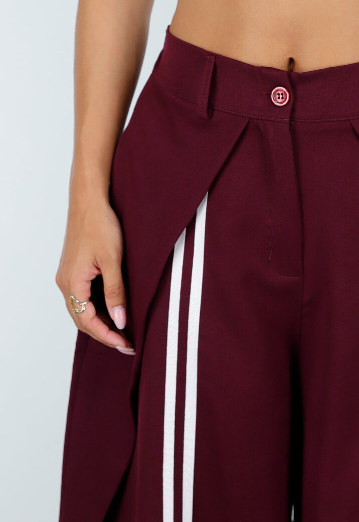 Bordeaux Wijde Pantalon met Witte Strepen en Plooien
