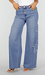 Blauwe Wide Leg Jeans met Sterren en Gerafelde Details
