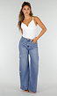 Blauwe Wide Leg Jeans met Sterren en Gerafelde Details
