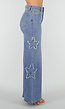 Blauwe Wide Leg Jeans met Sterren en Gerafelde Details