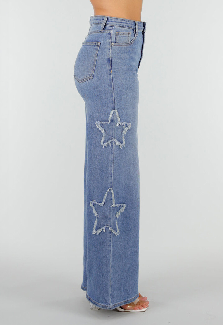 Blauwe Wide Leg Jeans met Sterren en Gerafelde Details