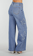 Blauwe Wide Leg Jeans met Sterren en Gerafelde Details