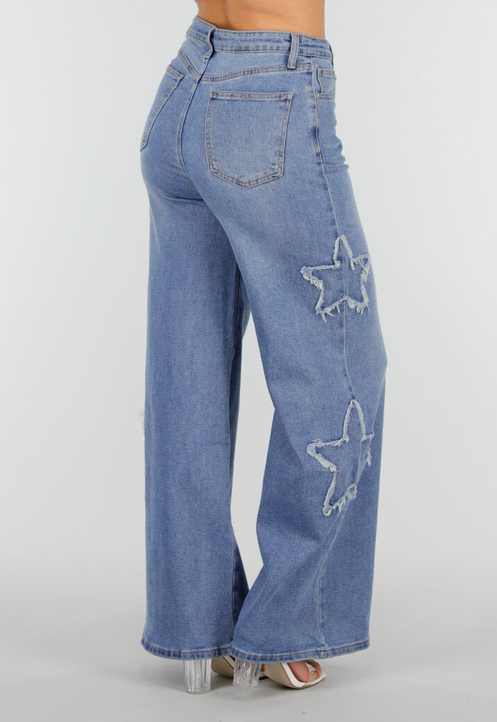 Blauwe Wide Leg Jeans met Sterren en Gerafelde Details