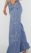 Blauwe Wide Leg Jeans met Sterren en Gerafelde Details