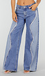 Blauwe Wide Leg Jeans met Lichte Contrastpanelen en Rafelnaden
