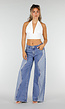 Blauwe Wide Leg Jeans met Lichte Contrastpanelen en Rafelnaden