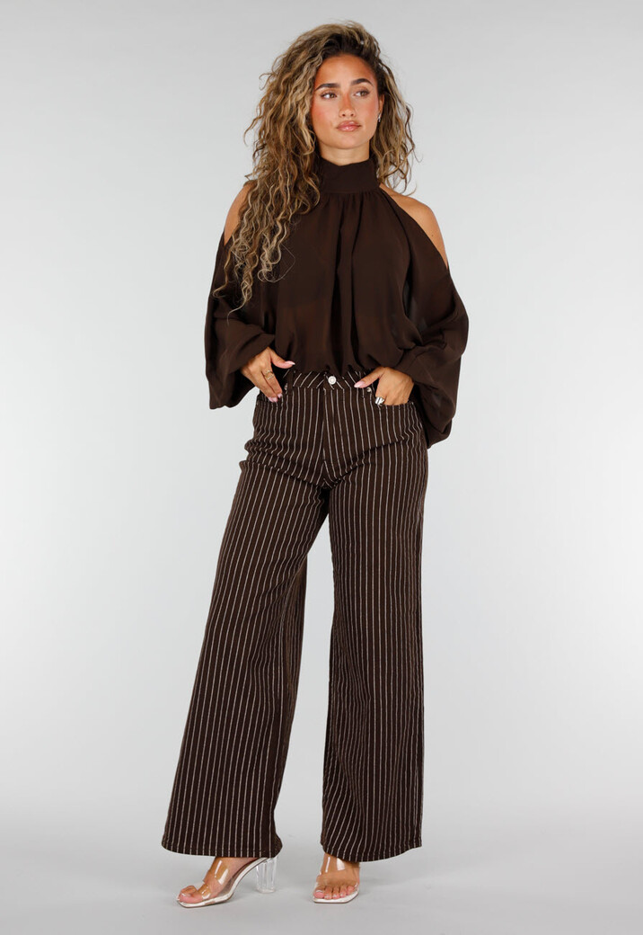 Bruine Wide Leg Jeans met Krijtstreep en Steekzakken