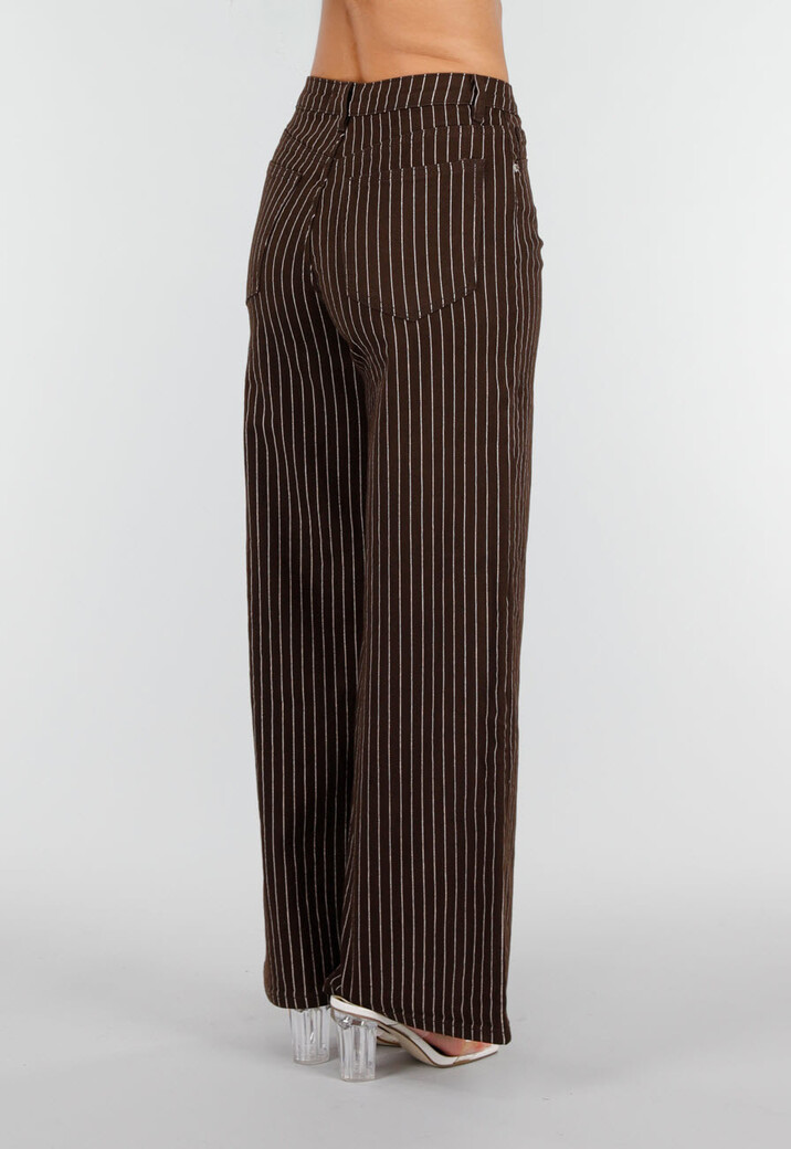 Bruine Wide Leg Jeans met Krijtstreep en Steekzakken