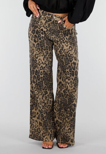 NEW160926 Bruine Wide Leg Jeans met Luipaardprint