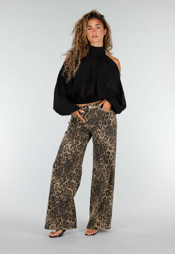 Bruine Wide Leg Jeans met Luipaardprint en Steekzakken