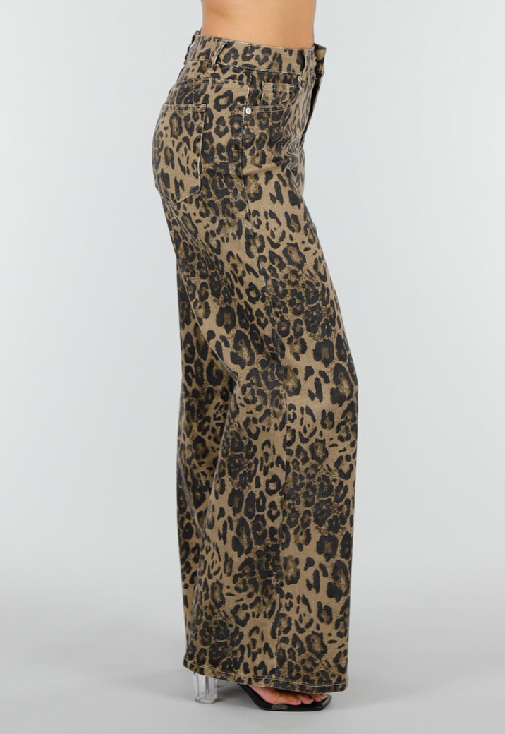 Bruine Wide Leg Jeans met Luipaardprint en Steekzakken