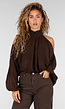 Bruine Cold Shoulder Crop Top met Col en Lange Ballonmouwen