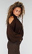 Bruine Cold Shoulder Crop Top met Col en Lange Ballonmouwen