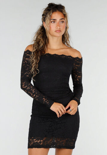 NEW160926 Zwarte Kanten Off Shoulder Mini Jurk