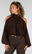 Bruine Cold Shoulder Crop Top met Col en Lange Ballonmouwen