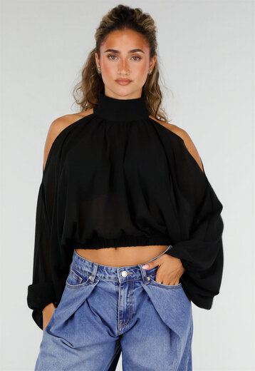 Zwarte Cold Shoulder Crop Top met Col