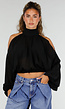 Zwarte Cold Shoulder Crop Top met Col en Lange Ballonmouwen