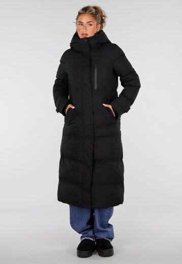 NEW230926 Zwarte Lange Gewatteerde Winterjas