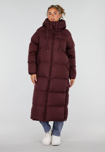 NEW230926 Burgundy Lange Gewatteerde Puffer Winterjas
