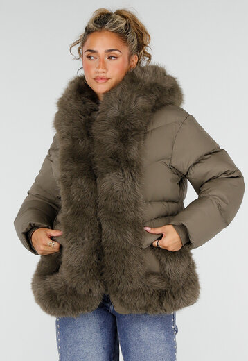Khaki Puffer Winterjas met Bontkraag