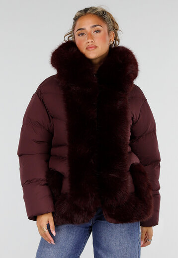 Bordeaux Puffer Winterjas met Bontkraag