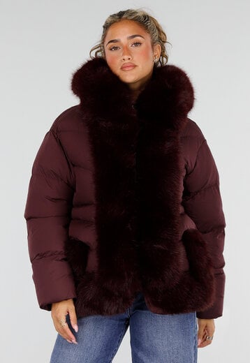 NEW230926 Bordeaux Puffer Winterjas met Bontkraag