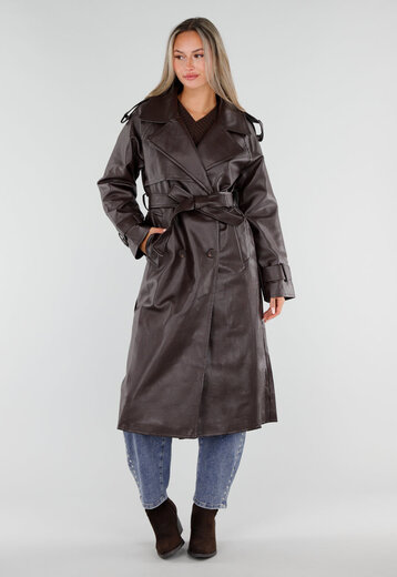 NEW230926 Bruine Lederlook Trenchcoat met Ceintuur
