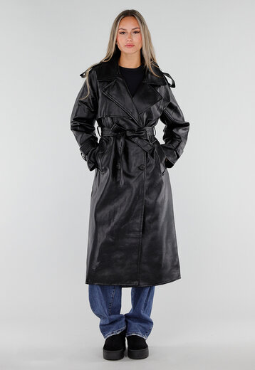 NEW230926 Zwarte Lederlook Trenchcoat met Ceintuur