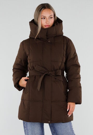 NEW230926 Bruine Lange Parka Winterjas met Ceintuur